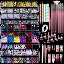Nail Charms and Nail Art Tools Set, Nail Art Kit with 5 Boxes of 3D Nail Charms