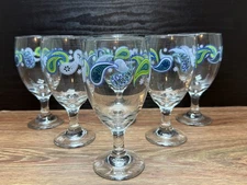Lot of 6 VTG Libbey Crisa Blue & Green Paisley 11 oz. Water/Wine Goblets EUC