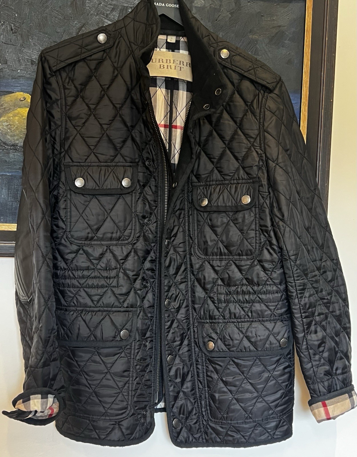 Burberry Men Quilted Jacket Leather Elbow Details Black Size S