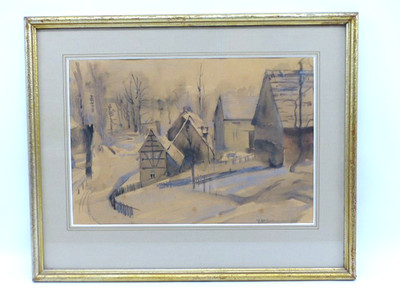 Original Aquarell von Künstler Hartmann Fränkische Landschaft 1947