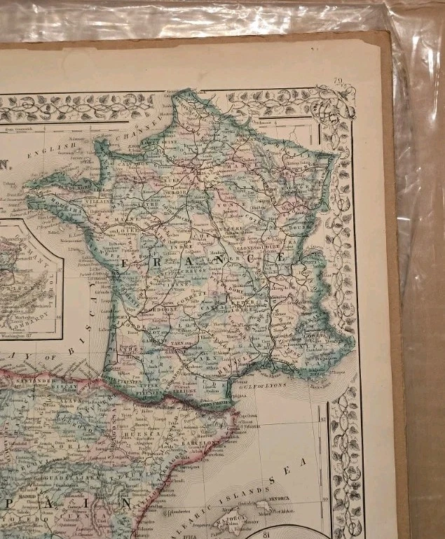 Mapa de Francia, España y Portugal 1867 con mapas de Suiza y Córcega Antiguo Foto 3 de 4