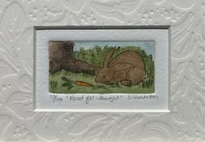 Original Miniature Hand Colored Etching Of A Bunny Titled “Food For Thought”