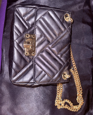 Michael Kors Black Quilted Crossbody Bag Gold Chain Strap Push Lock Small