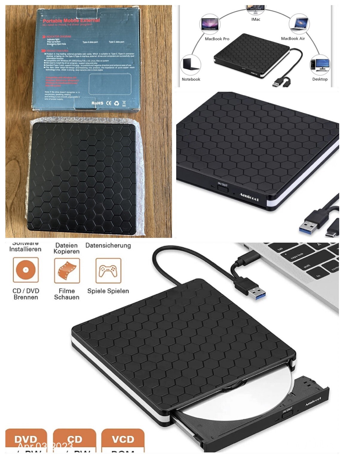 Amicool External DVD Drive, USB 3.0 TypeC CD DVD +/RW Optical Drive