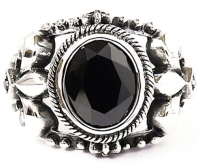 BLACK ONYX GOTHIC FLEUR DE LIS STERLING 925 SILVER RING