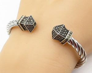 925-Sterling-Silver-Vintage-Marcasite-Twisted-Rope-Hinged-Cuff-Bracelet-B3316