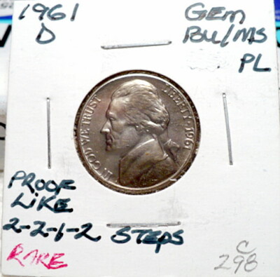 1961-D JEFFERSON NICKEL, GEM BU/MS 2-2-1-2 STEPS, PROOFLIKE RARE, NICE+, C298