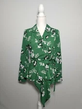 Versona Women's Peplum Wrap Side Tie Blouse Green Floral Collared Size Small.