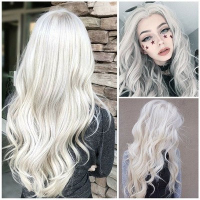 Women Natural Silver White Long Curly Synthetic Wavy Hair Full