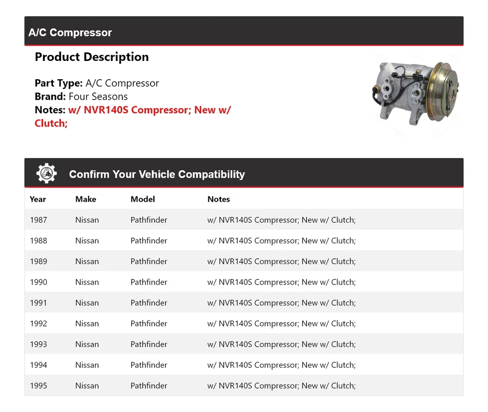 Compresor de aire acondicionado Nissan Pathfinder 1987-1995 4 estaciones 1988 1989 1990 1991 Foto 2 de 4