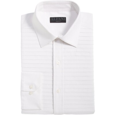 Alfani Men's Slim Fit Horizontal Pleated Panel Shirt White, L, 16-16.5, 34-35*
