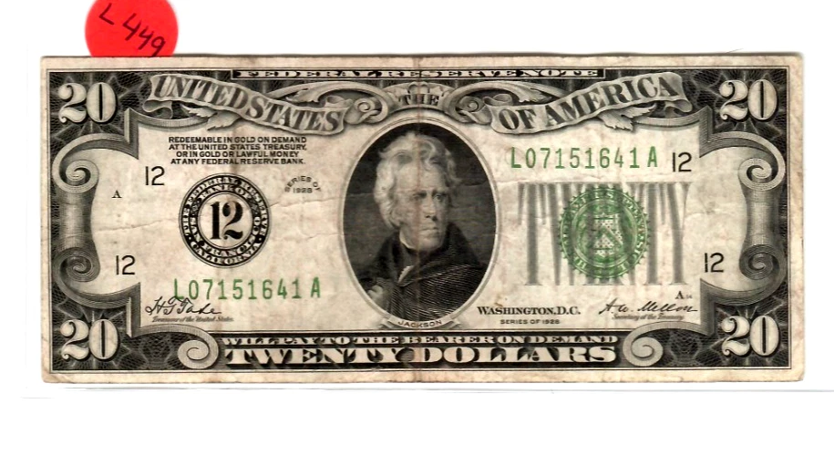 $20 "NUMBER 12" (SAN FRANCISCO) "NUMBER 12" 1928 "SAN FRANCISCO"  CRISPY! - Image 2 of 3