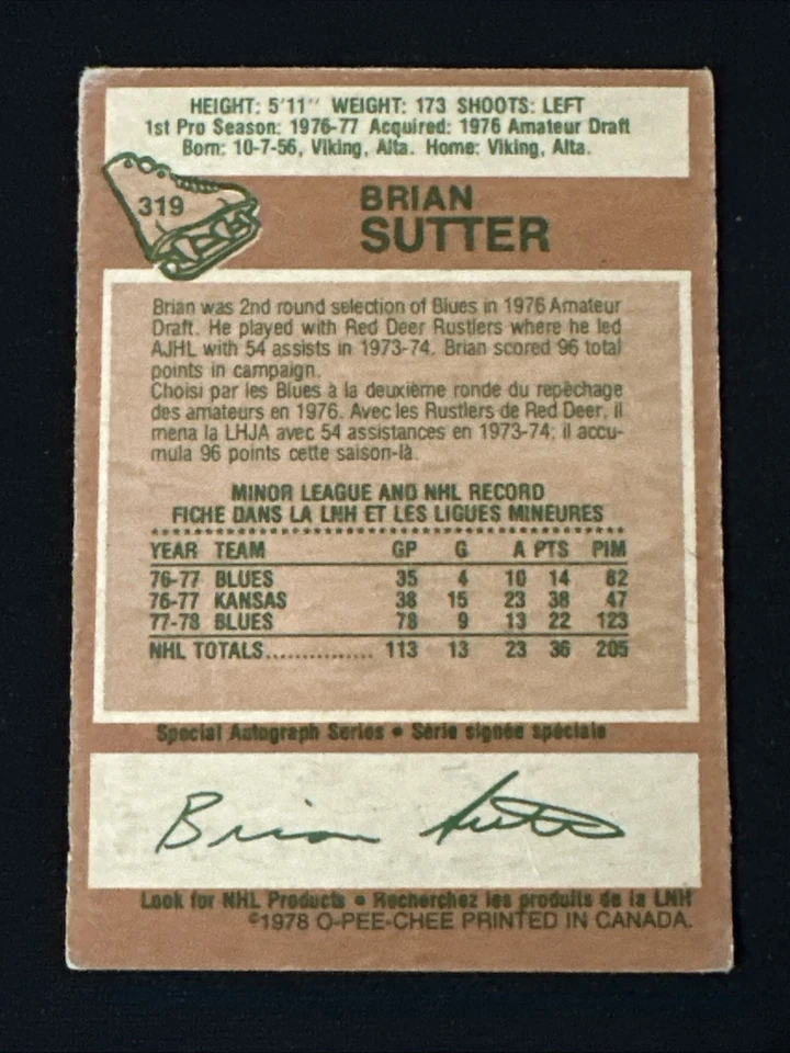 1978-79 O Pee Chee 319 Brian Sutter St. Louis Blues Rookie Card - Image 2 of 2