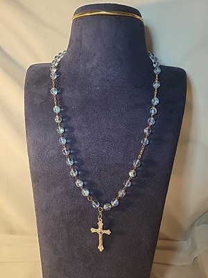 Vintage Rosary Blue Crystal Bead Silver Tone 14''