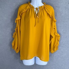 Blusa bohemia Ann Taylor Top para mujer talla M amarillo mostaza con volantes y cuello
