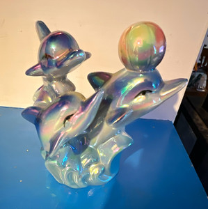 Iridescent Ceramic Porcelain Dolphin Figurine with Ball Dolphins Sculpture
