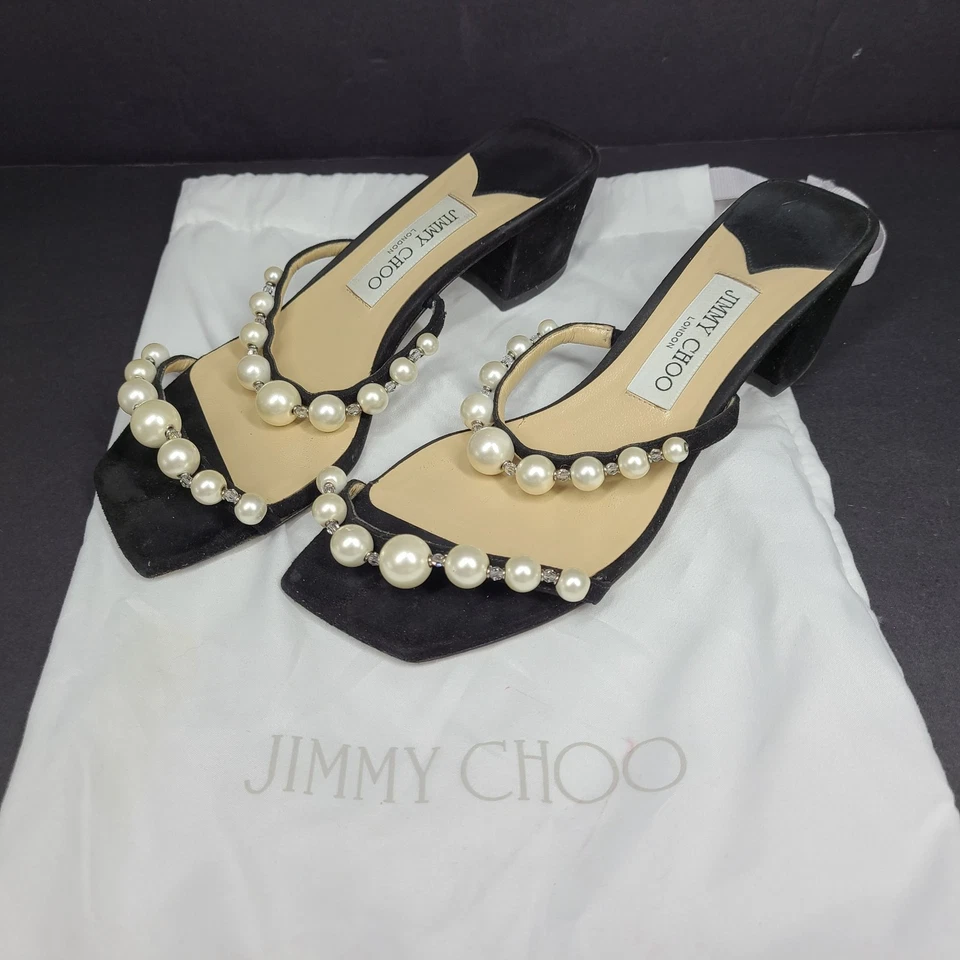 Jimmy Choo Amara 45 замшевые мулы жемчужное украшение блочный каблук Италия черный размер 6 - Изображение 2 из 4