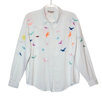 Mara Hoffman Embroidered Bird Print Button Front Blouse White Multicolor M Boho