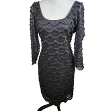 GUESS Black Textured Fringe V Back Sheath Dress Womens Size 12 Bodycon Flirty