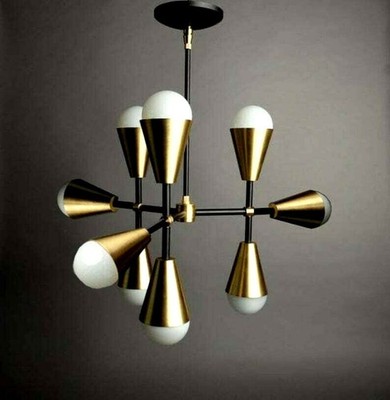 9 Light Mid Century Brass Sputnik Chandelier Light Fixture Handcrafted