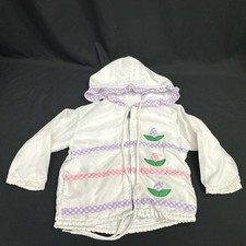 Vtg White Hooded Full Zip Jacket Coat Sz 12mth Ruffles 3D Flowers Infant Gingham