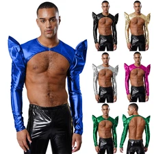 Mens Shirt Sparkly Tops Stage Performance Armor Open Crop Top Long Sleeve Tank