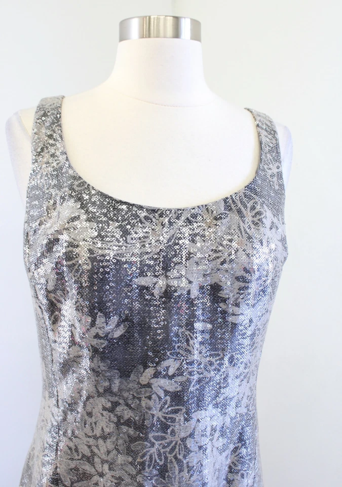 Vestido Vaina Kay Unger Gris Plateado Marrón Estampado Floral Lentejuelas Cóctel Fiesta Talla 6 Foto 3 de 4