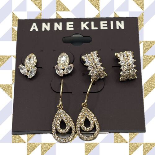 Anne Klein Gold Glittering Crystal Flower-Crown-Double Teardrop Trio Earring Set