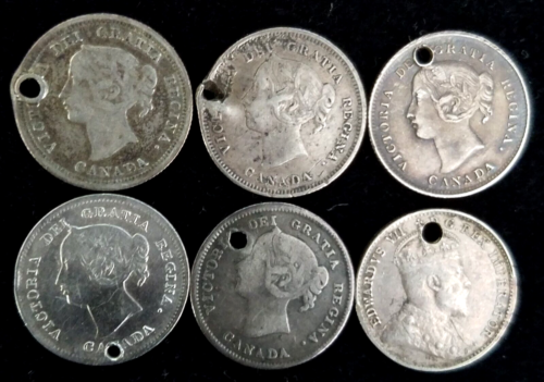 Canada Lot of 6 Silver Holed 5 Cents Coins 1858, 1888, 1896, 1899, 1901, 1907 - Picture 1 of 13