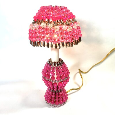 Vtg Retro Safety Pin Lamp Pink Bead Lamp Electric Base Nightlight 10'' EVC