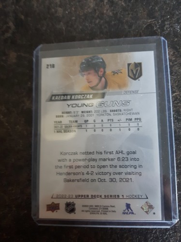 2022-23 Upper Deck Series 1 Young Guns YG Kaedan Korczak RC Card# 218 - Picture 2 of 2