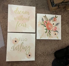 3 PC CANVAS WALL ART 10" X 10" HELLO FABULOUS & DREAM WITHOUT FEAR & FLORAL