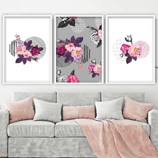 Set of 3 Abstract Spring Floral Purple Pink Art PRINT Falling Flowers Leaves