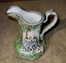 Vintage Green 3D Relief Art Pitcher Jug Vase Decorative Ceramic Pottery Couple