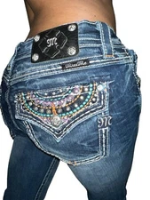Miss Me Buckle Bootcut Denim Rhinestone Studded Logo Sexy Tribal Jeans 29 Long