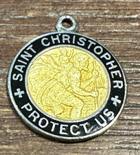 Vintage Sterling Silver Enamel St Christopher Medal Black & Gold 3/4