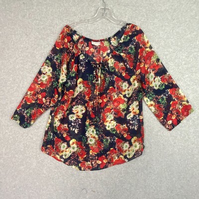 DB Established 1962 Top Womens M Navy Red Sheer 3/4 Sleeve Laced Tie Neck Tunic