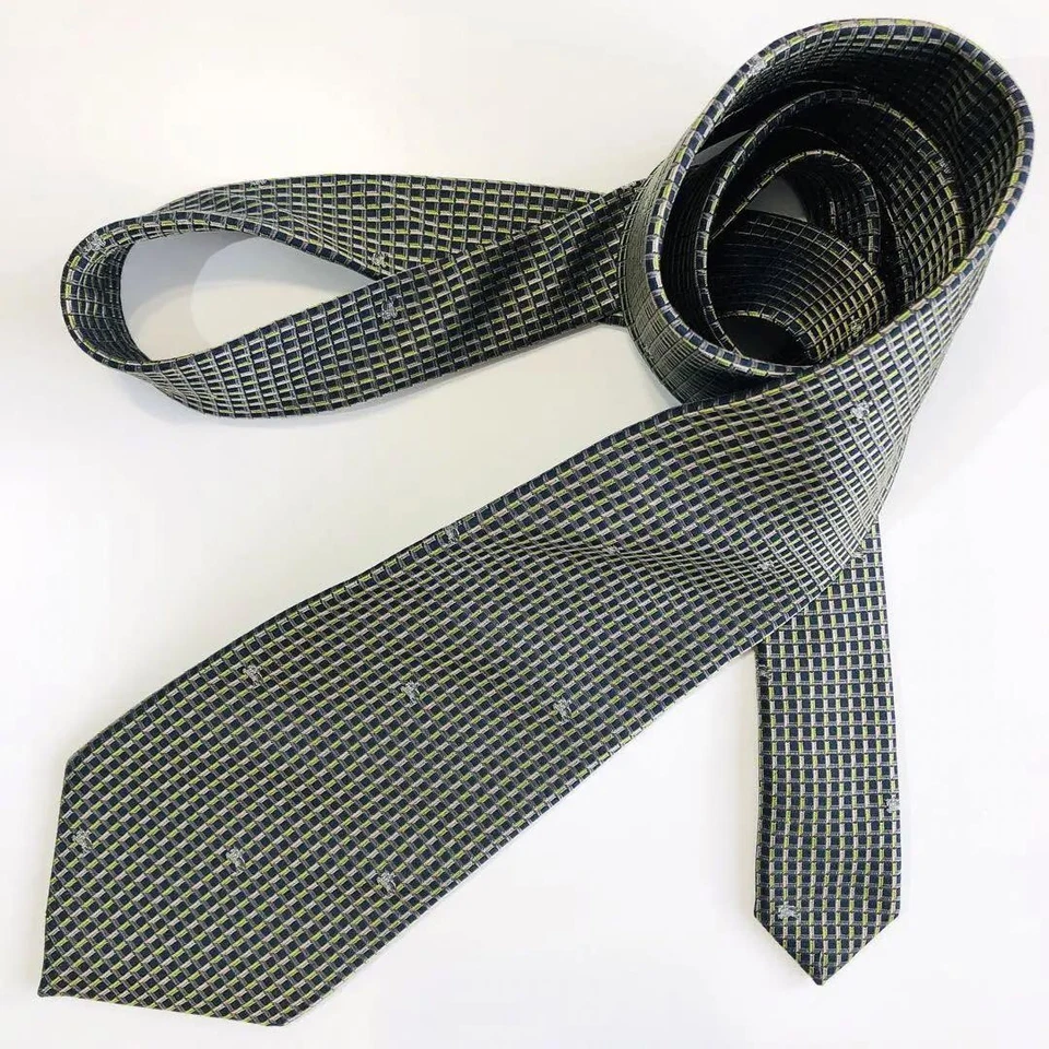 Burberry London patrón de escudo de corbata verde claro rosa púrpura cuadros usado Foto 2 de 4