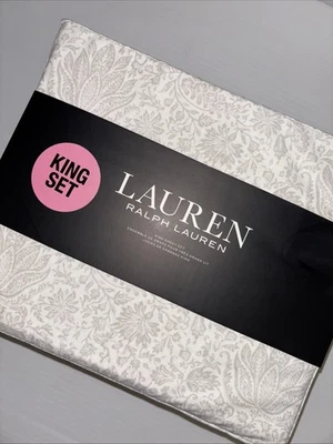 LAUREN RALPH LAUREN RALPH LAUREN 100% Cotton KING 4PC White Gray Floral Sheet Set NEW!