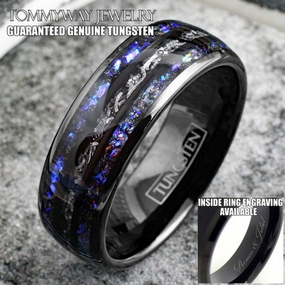 Personalized Black Tungsten Ring Blue Sandstone & Meteorite Space Galaxy Band