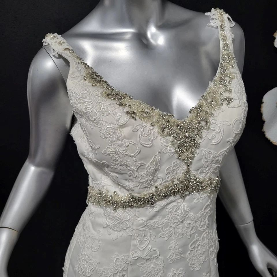 NWT~$1795~DAVINCI~SZ 4/6~IVORY OFF WHITE RHINESTONE BEADED LACE WEDDING DRESS - Image 2 of 4