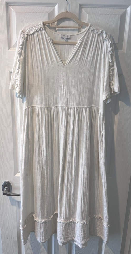 GRAB Denim - White 100% Organic Cotton V-Neck Ruffle Maxi Dress Size 14