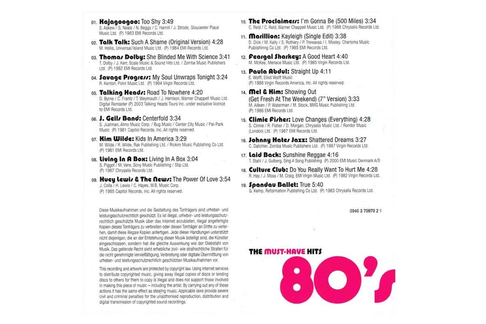 CD The Must Have Hit's 80's 1980er Hits 19 Lieder Musik der 80er - Bild 2 von 3