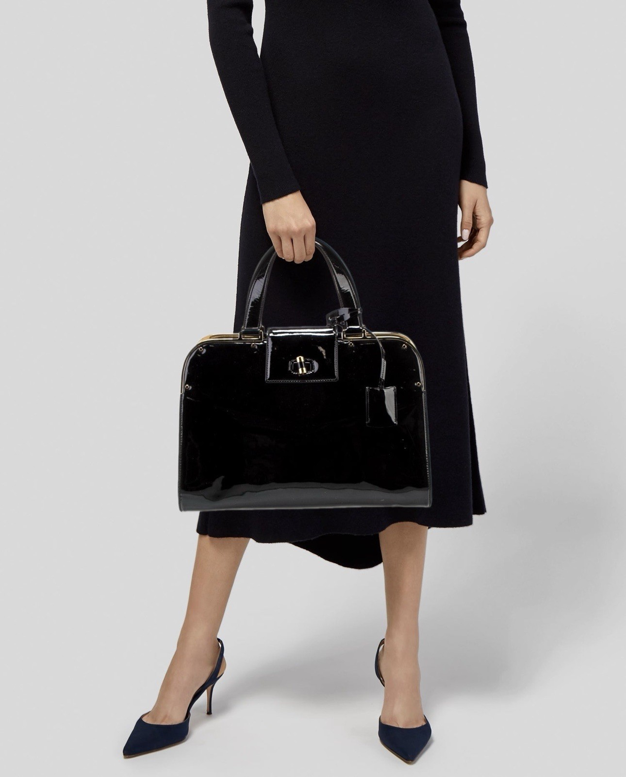 Yves Saint Laurent YSL Black Patent Leather Uptown Satchel Top Handle Large Bag