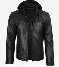 Men's Black Leather Jacket with Removable Hood