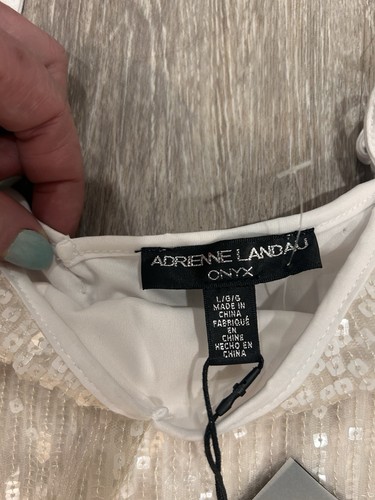 NWT Adrienne Landau Glam White Sequin Fringe Spaghetti Strap Top & Skirt Size L - Picture 7 of 11