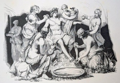 Wood engraving circa 1870. Mythological scene with figures at a fountain. Engraver & G