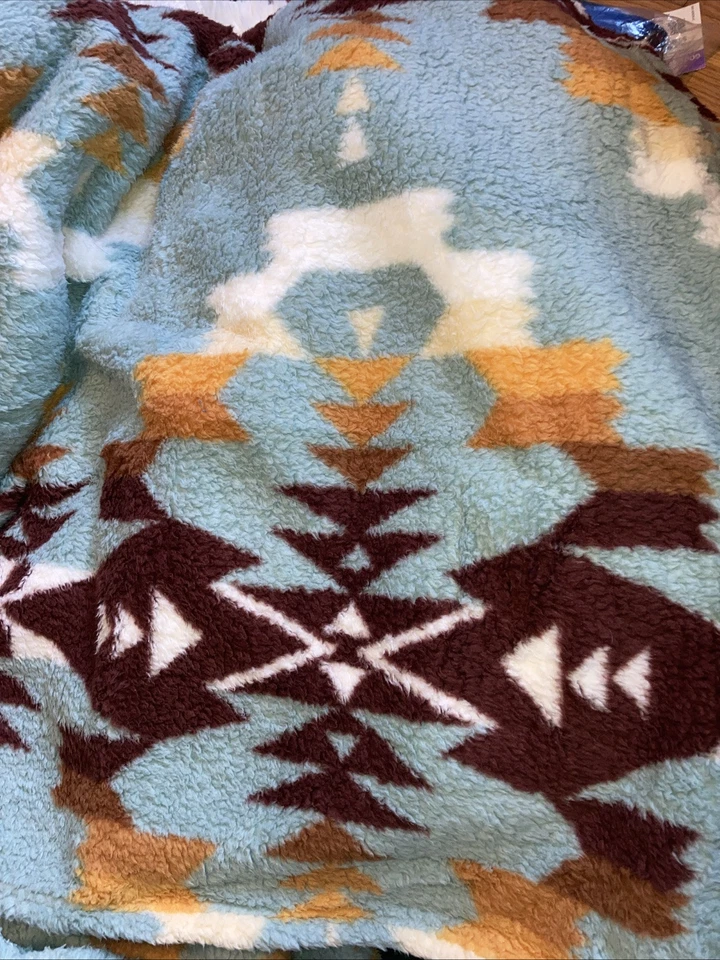 Home smart Sherpa Throw Native Blue With Brown And Mustard Yellow 2 Available - Image 2 of 4