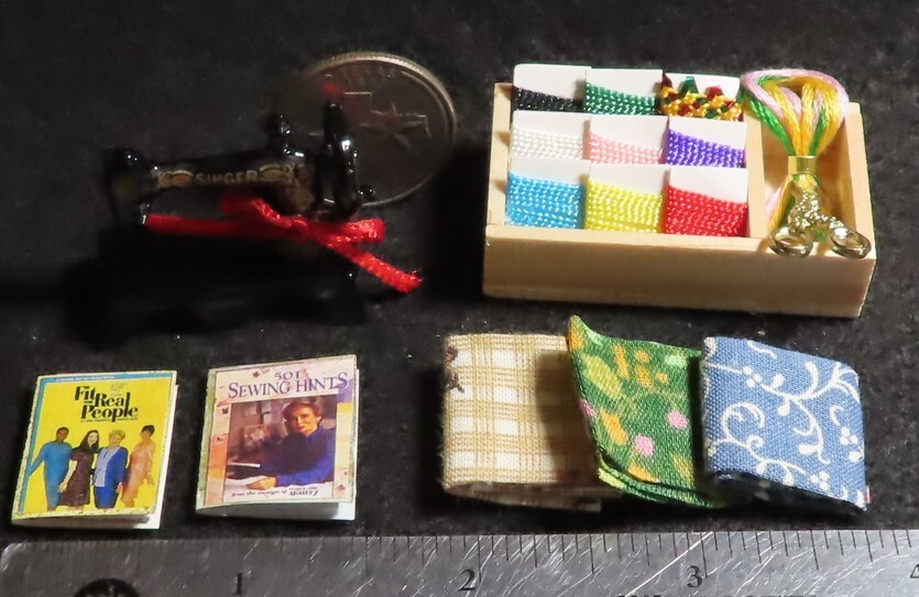 Miniature 1:12 Scale Sewing Machine Fabric Books Notions Box Scissors Lot #4389-image