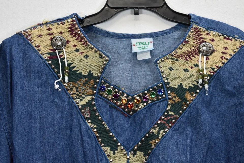 Vintage Super Line Women Aztec Emellished Beaded Short Sleeve Denim Top One Size - Image 3 of 4